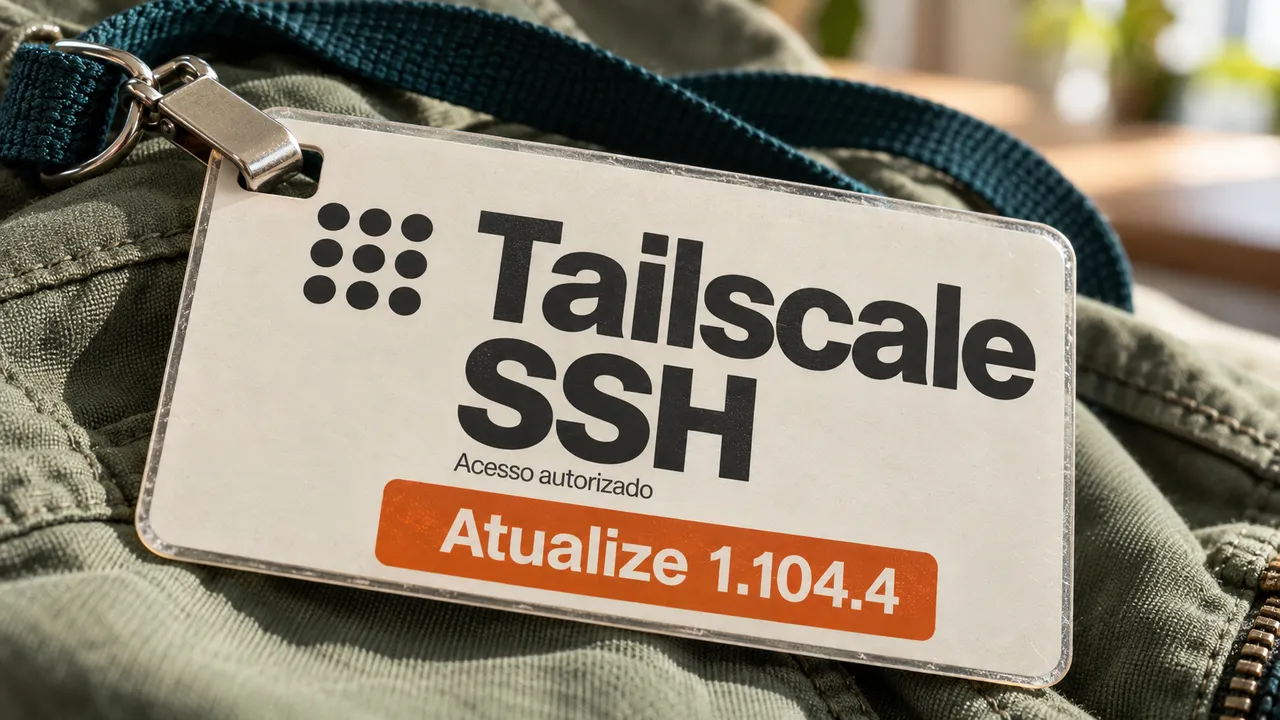 Crachá ilustrativo do Tailscale SSH sobre tecido, com aviso de atualização para a versão 1.104.4.