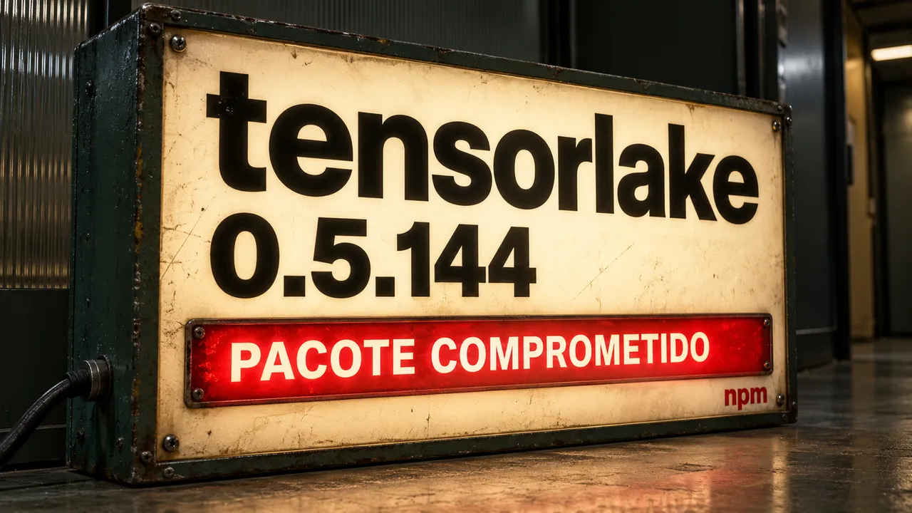 Placa iluminada alerta para o pacote Tensorlake 0.5.144 comprometido, com a identificação do npm em tamanho menor.