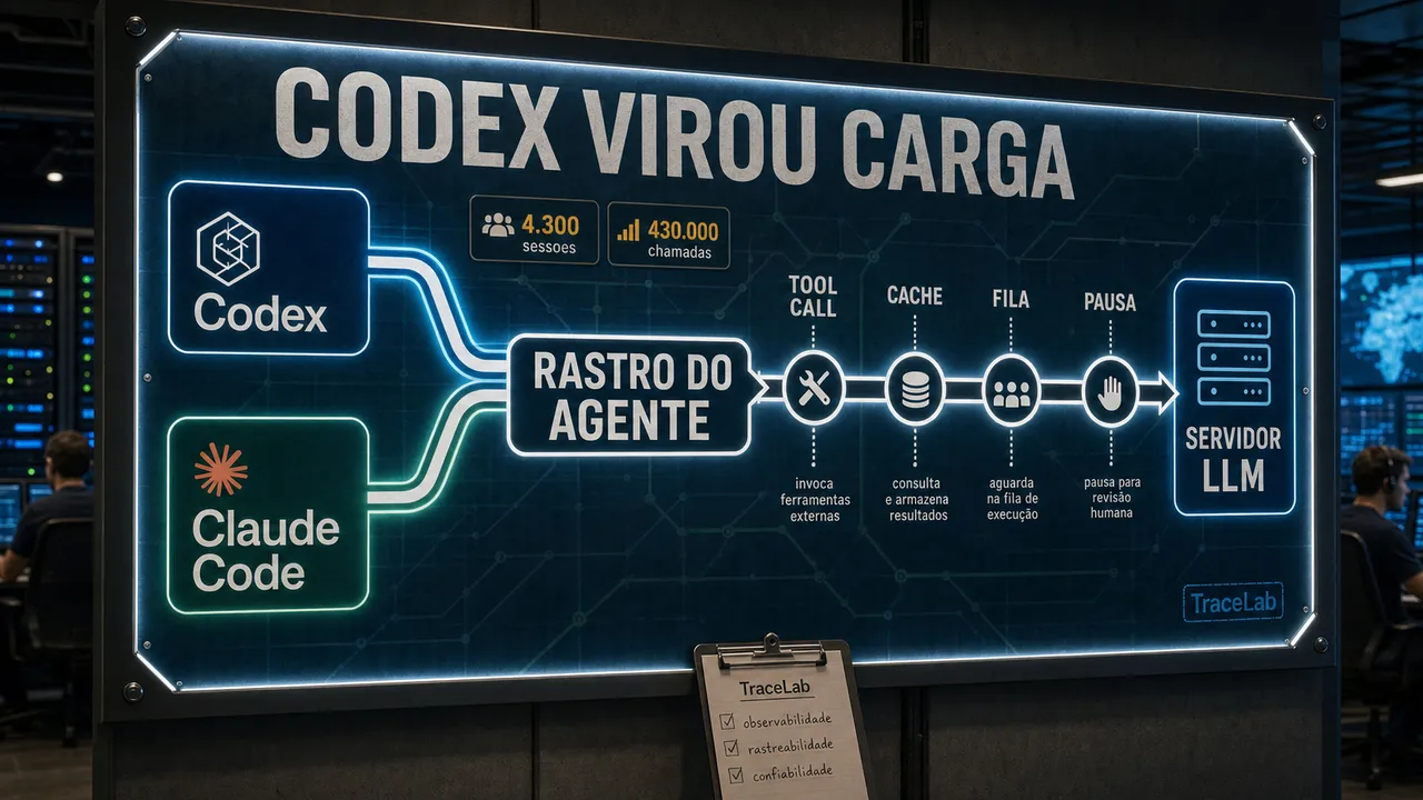 Mapa de operações mostra Codex e Claude Code formando um rastro de agente até um servidor LLM, com etapas de tool call, cache, fila e pausa.
