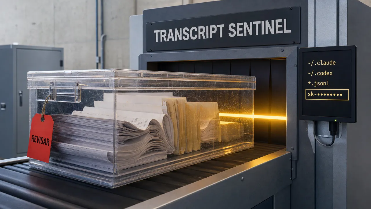 Caixa com históricos de agentes passa pelo scanner Transcript Sentinel em busca de credenciais mascaradas.