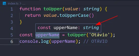 Figura 5. VSCode + tsserver exibindo o tipo de uma variável