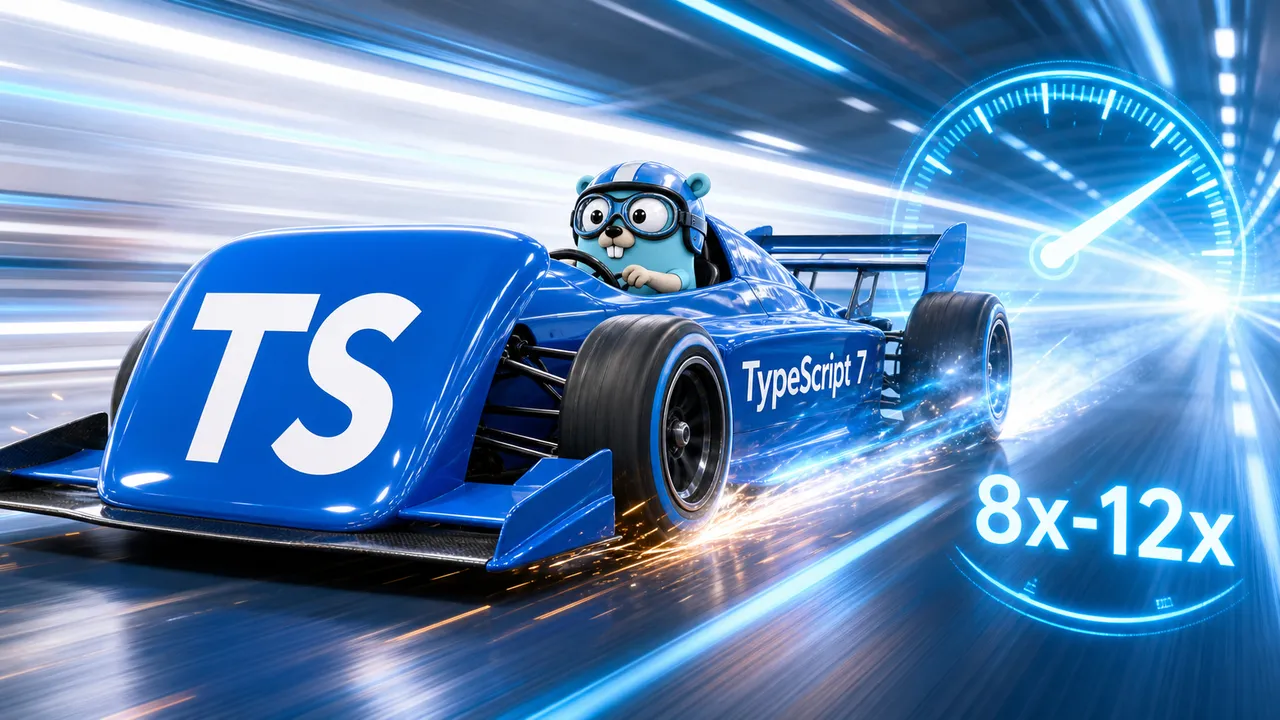 Logo do TypeScript transformado em carro de corrida, pilotado pelo mascote gopher do Go, disparando por uma pista de luz com um velocímetro marcando 8x-12x.