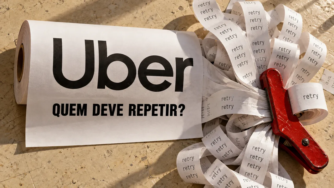 Rolo com a marca Uber e tiras de papel com retries contidas por uma pinça, ilustrando a coordenação de novas tentativas.