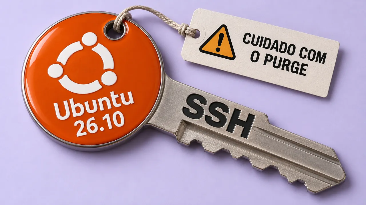 Chave com símbolo do Ubuntu 26.10, inscrição SSH e etiqueta de cuidado com o purge.