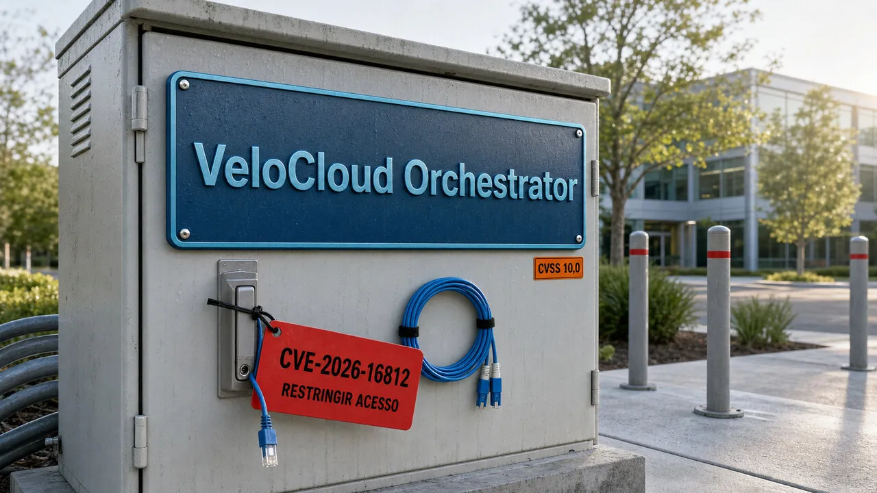 Gabinete VeloCloud Orchestrator isolado por etiqueta da CVE-2026-16812 e cabo de rede desconectado.