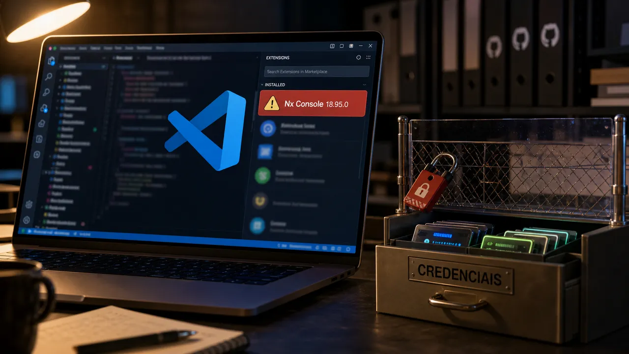 Notebook com editor estilo VS Code exibindo alerta do Nx Console, ao lado de uma gaveta de credenciais cercada e trancada.