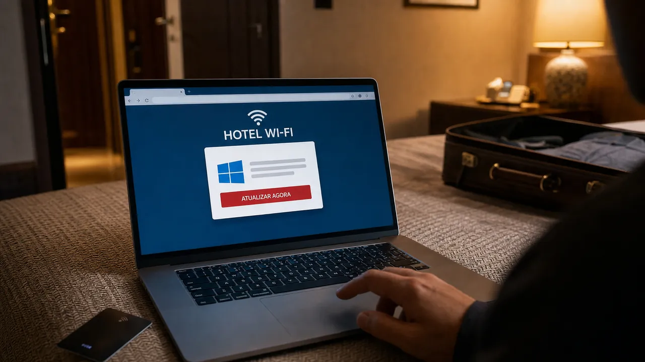 Notebook em quarto de hotel exibe portal de Wi-Fi com falsa atualização.