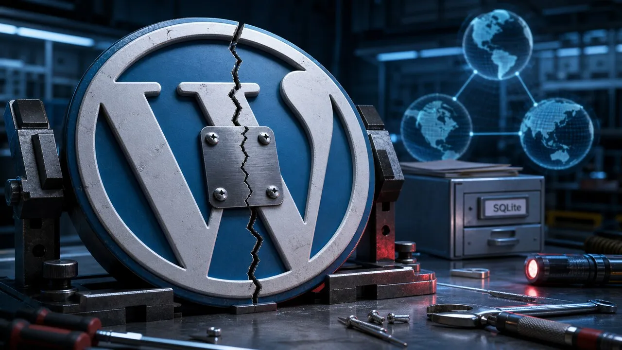 Emblema do WordPress rachado numa bancada de manutenção, preso por uma placa metálica, com SQLite e uma rede multi-região ao fundo.