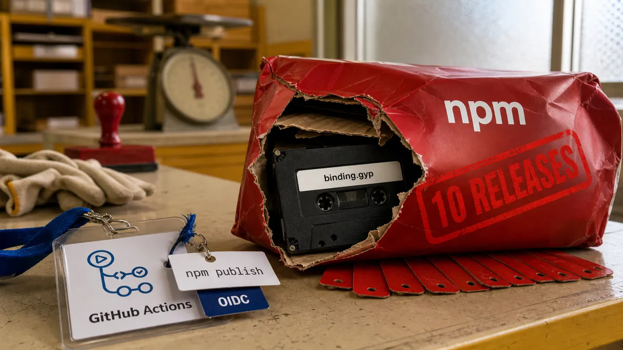 Pacote npm rasgado com dez releases, ligado a um crachá do GitHub Actions e a um ticket npm publish.