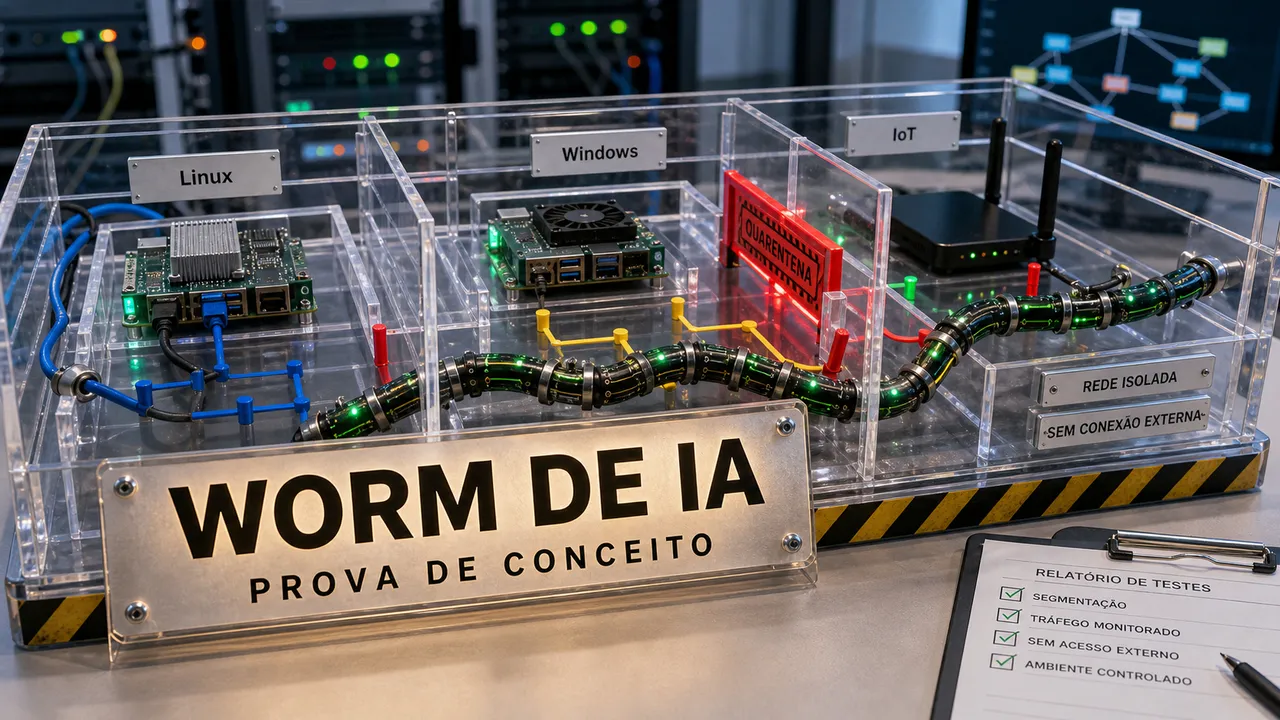 Modelo físico de uma rede de teste isolada com compartimentos Linux, Windows e IoT, onde um cabo sintético em forma de worm aparece contido, com placa WORM DE IA - PROVA DE CONCEITO.