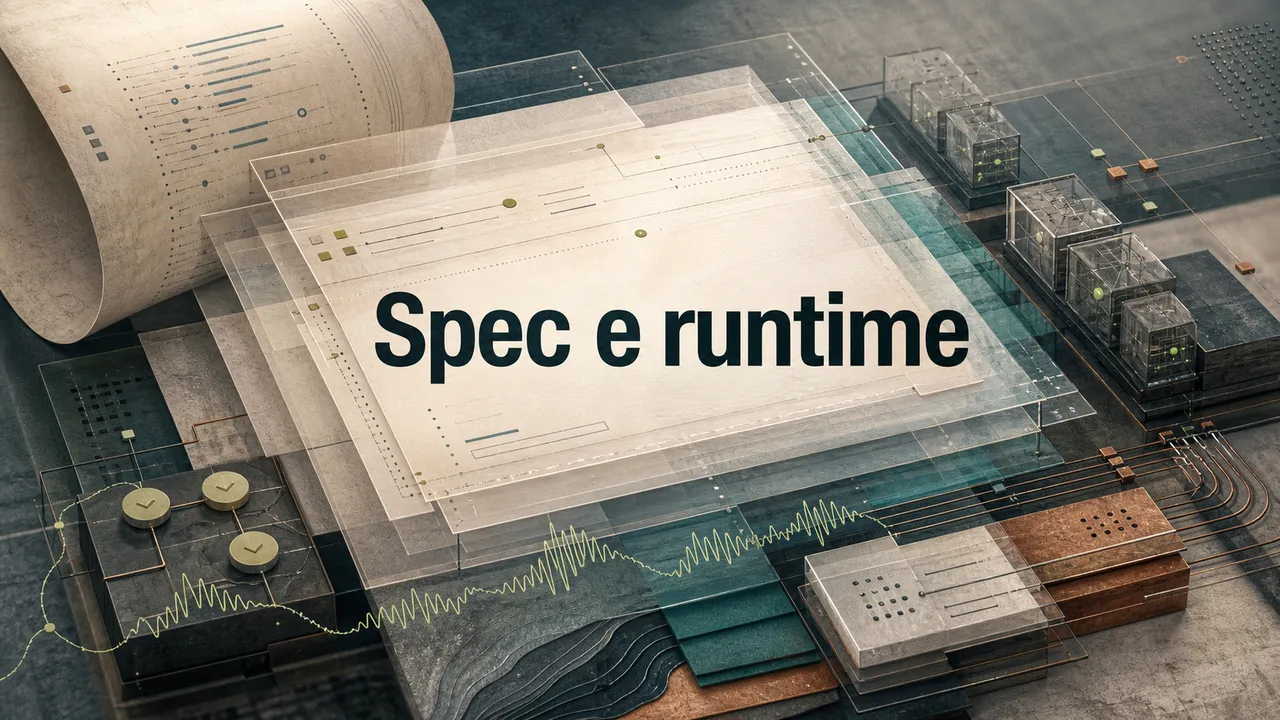 Capa editorial com folhas de especificação, blocos de runtime, caminhos de circuito e uma linha de onda ao redor do texto "Spec e runtime".