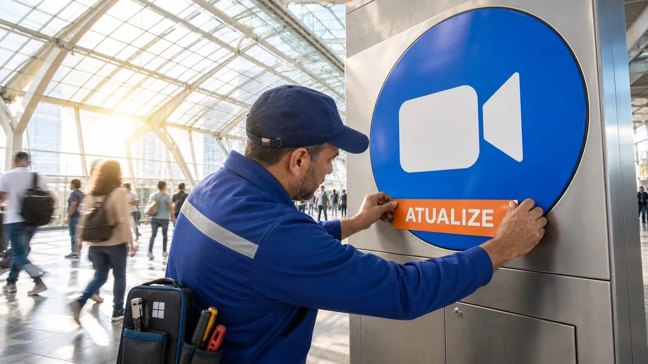 Técnico aplica um adesivo “ATUALIZE” em uma grande placa azul do Zoom.