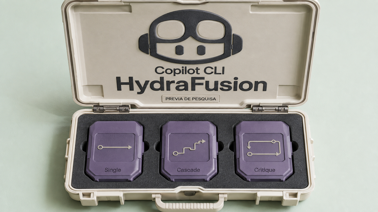 Maleta ilustrativa do Copilot com três módulos do HydraFusion: Single, Cascade e Critique.